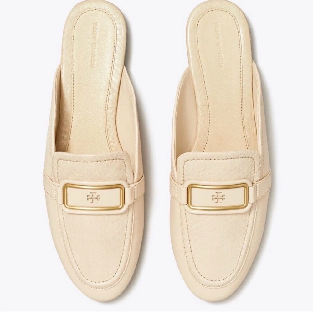 Tory Burch Georgia Backless Loafer New Cream Snake Embossed Logo Buckle